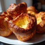 A close-up of several golden brown, puffed-up yorkshire pudding with deep centers served on a white plate.