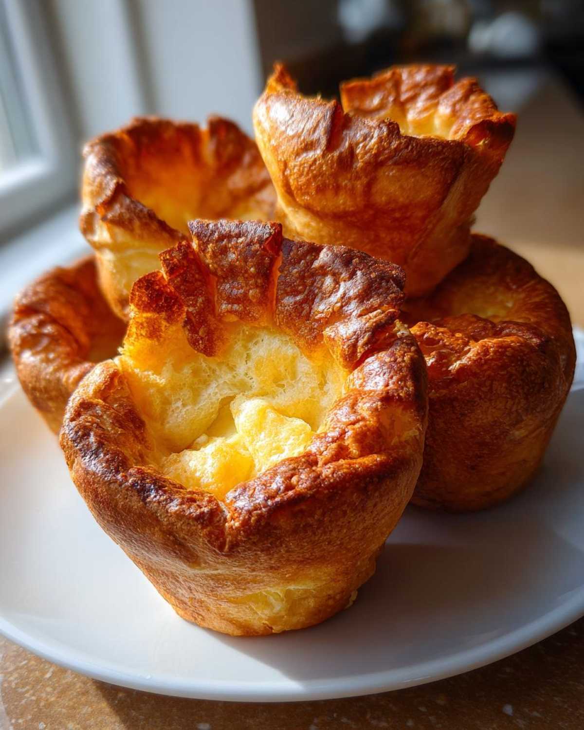 Close-up of four golden brown, tall yorkshire pudding pastries stacked on a white plate.