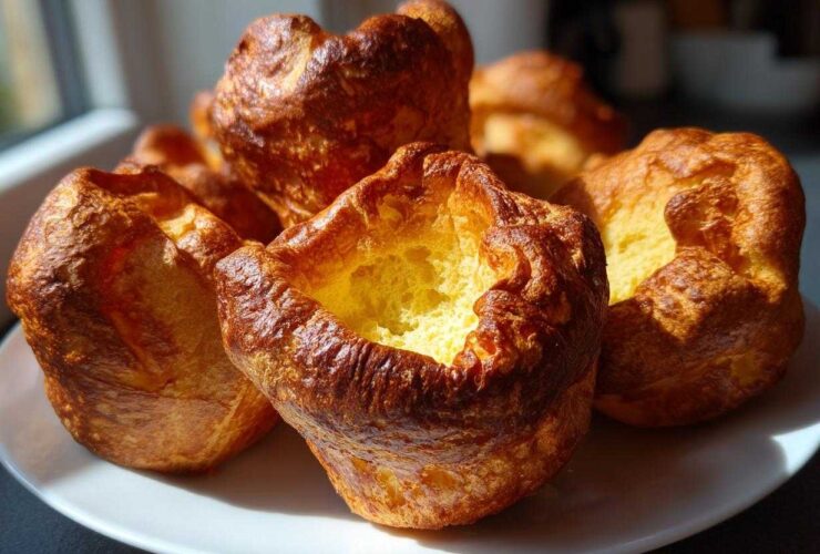 A close-up of several golden brown, puffed-up yorkshire pudding with deep centers served on a white plate.