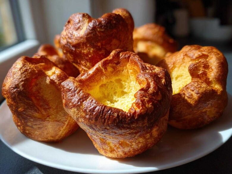 A close-up of several golden brown, puffed-up yorkshire pudding with deep centers served on a white plate.