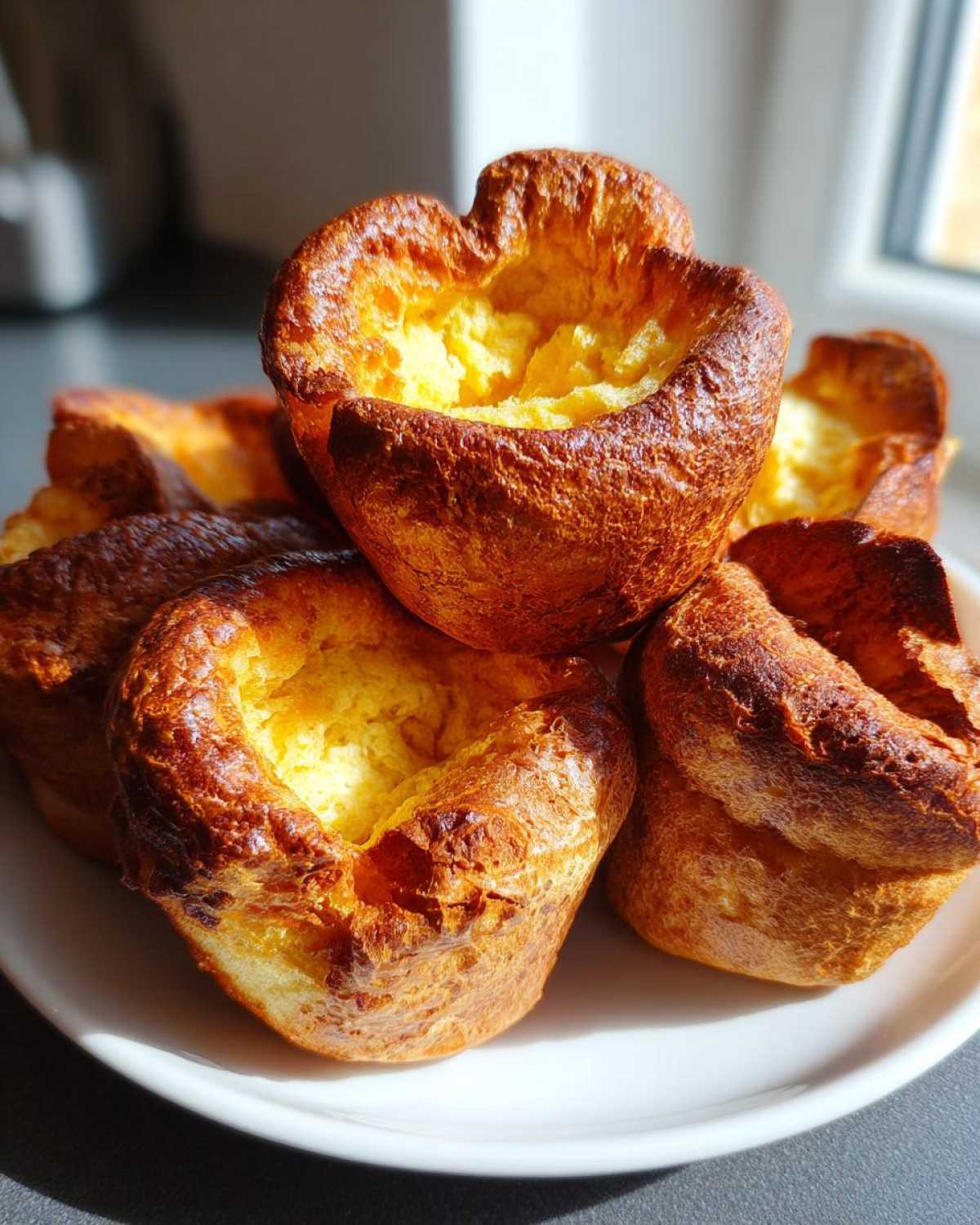 A stack of golden brown, perfectly risen yorkshire pudding with deep wells, sitting on a white plate.