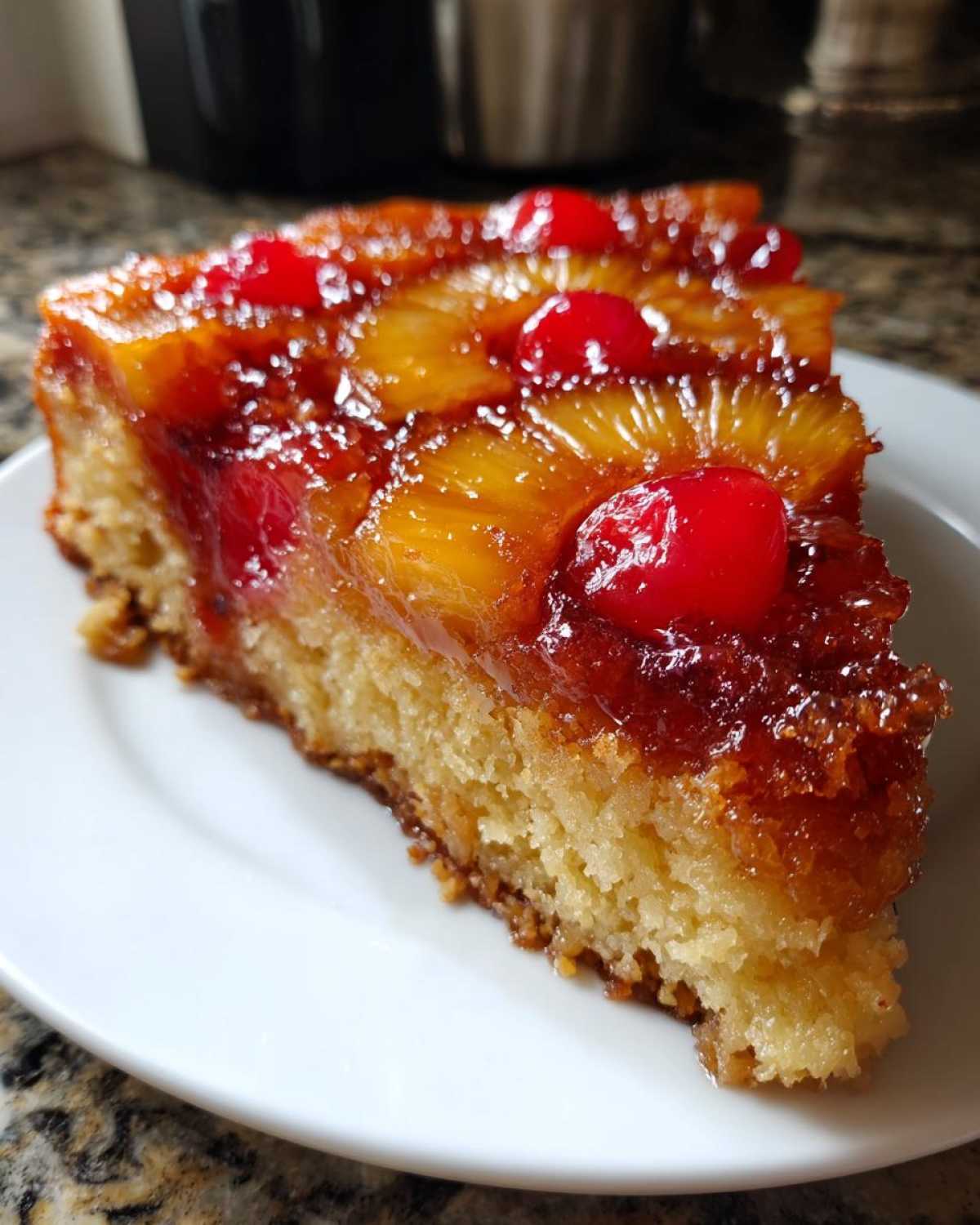 A moist slice of pineapple upside down cake topped with caramelized pineapple rings and bright red maraschino cherries.