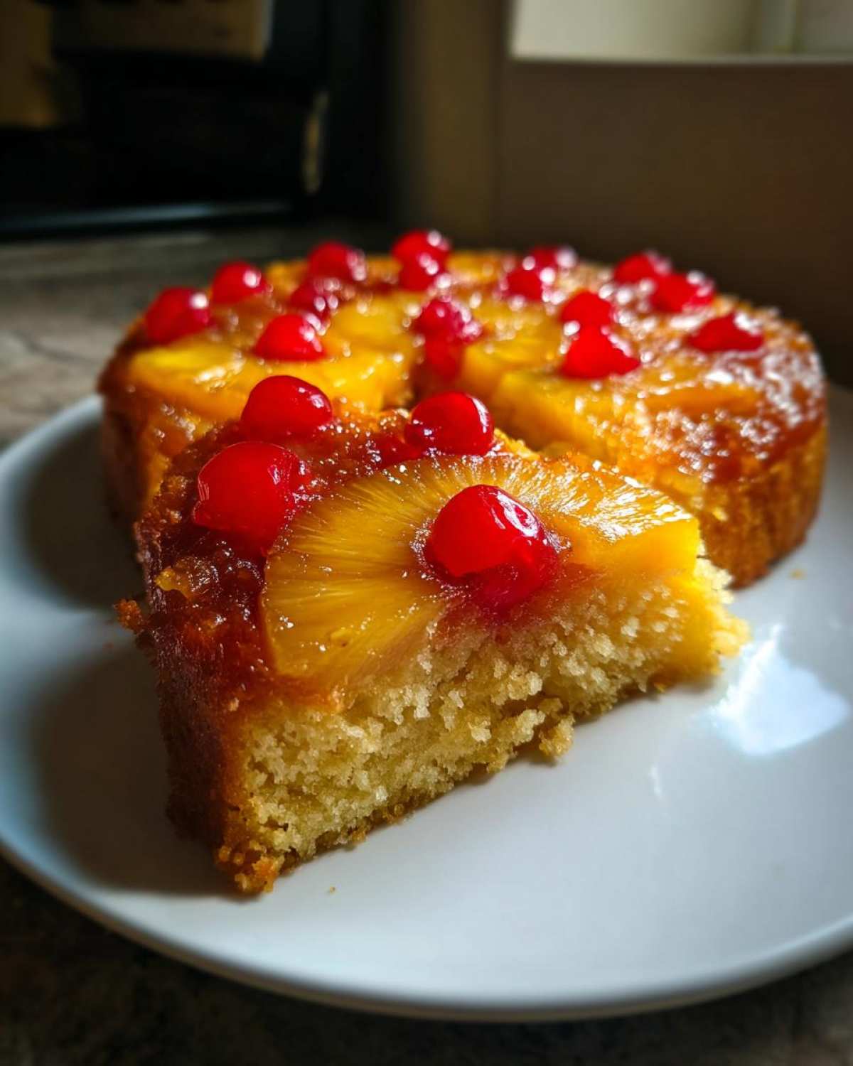 A slice of moist pineapple upside down cake topped with caramelized pineapple rings and maraschino cherries.