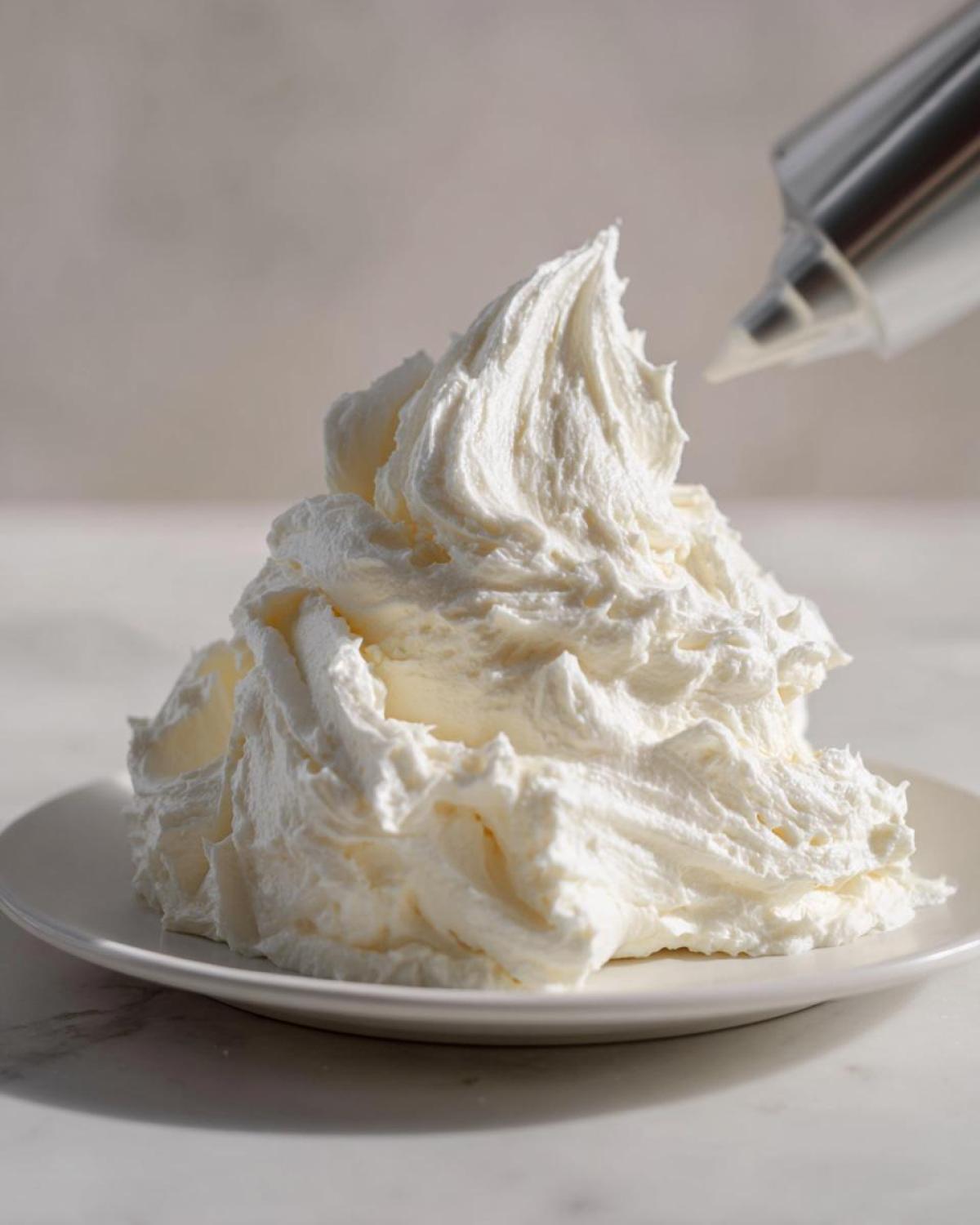 A large swirl of fluffy white vanilla buttercream frosting being piped onto a white plate.