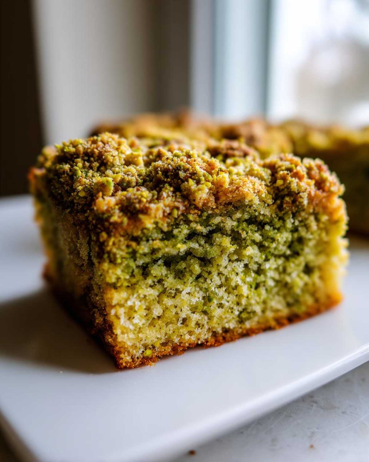 Close-up of a moist slice of pistachio coffee cake showing its green crumb and crunchy pistachio topping.