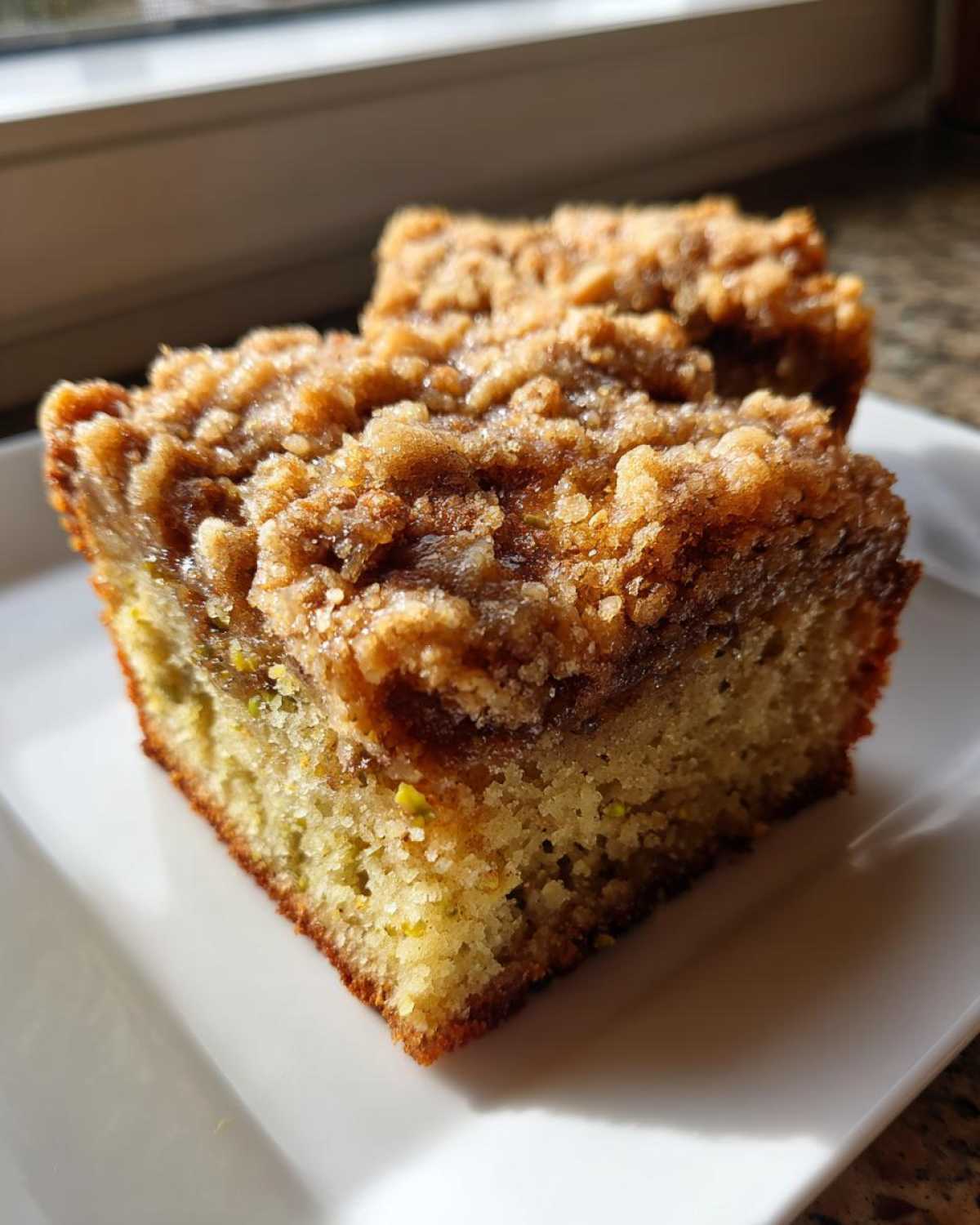 Close-up of a square slice of pistachio coffee cake featuring a moist green-tinted base and a thick, sugary brown crumb topping.