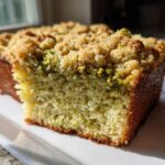 Close-up of a slice of moist pistachio coffee cake featuring a thick, golden crumb topping with visible green pistachio pieces.