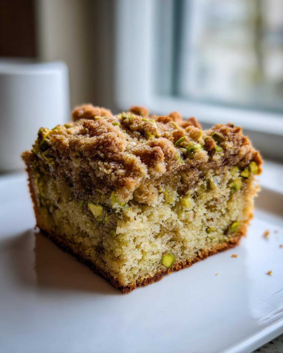 Close-up of a square slice of moist pistachio coffee cake featuring visible green pistachio pieces and a thick brown streusel topping.