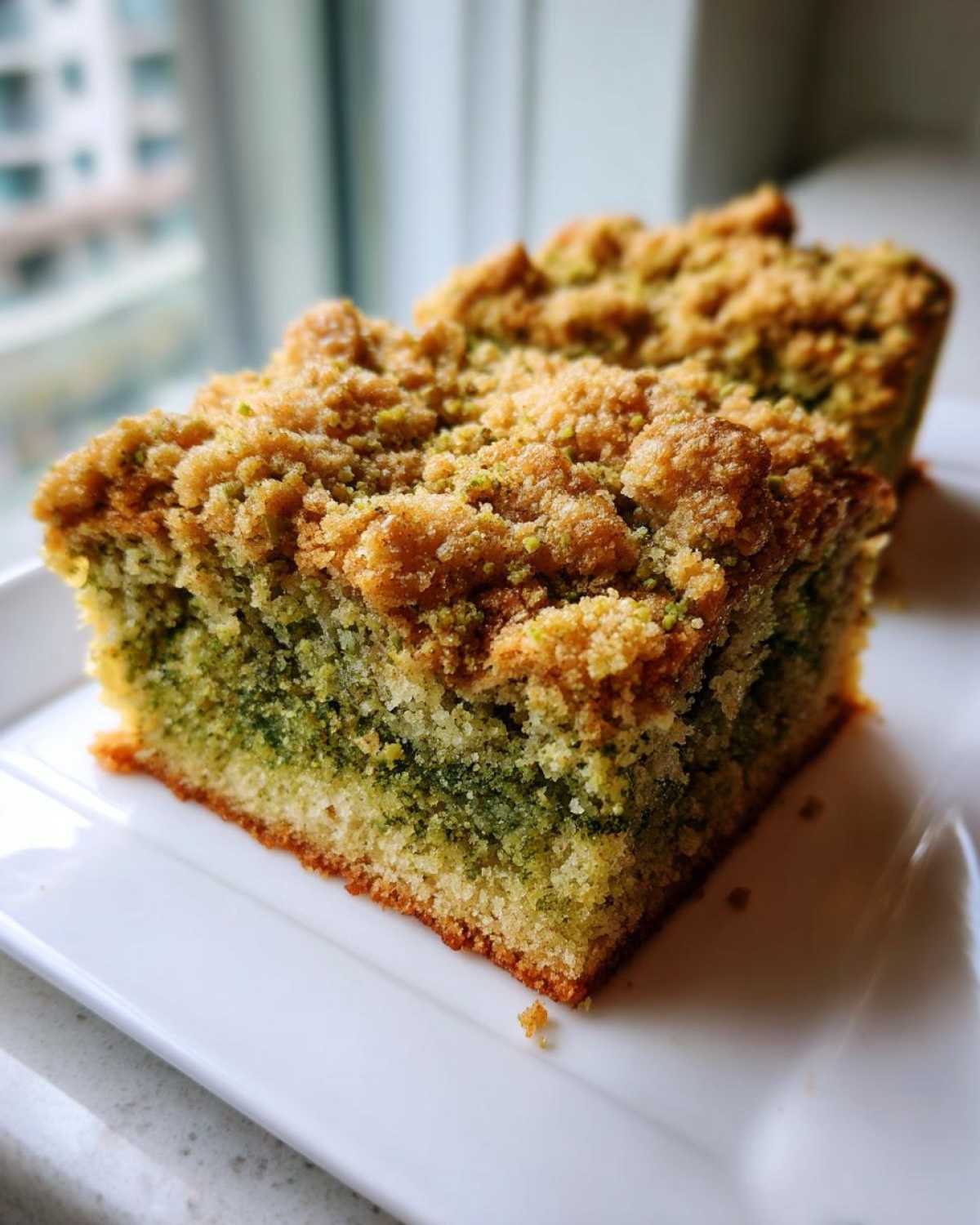 Close-up of a moist slice of pistachio coffee cake featuring a green interior and a thick, golden crumb topping.
