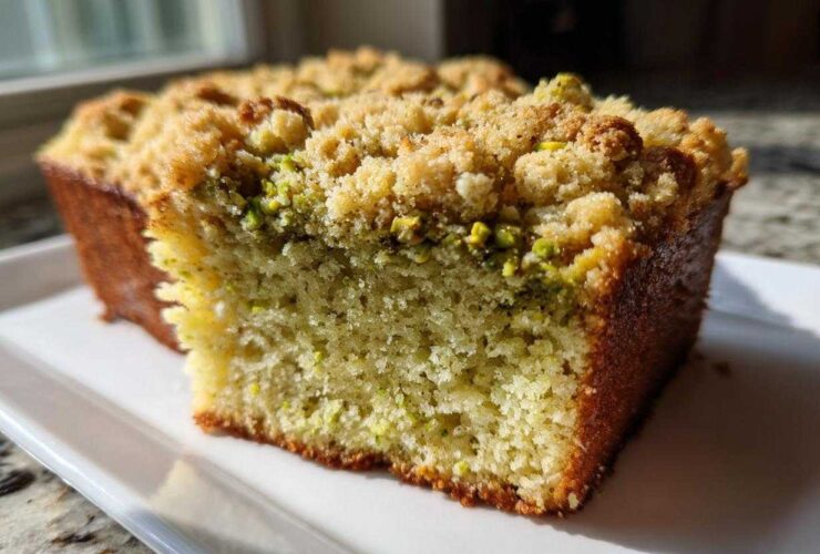 Close-up of a slice of moist pistachio coffee cake featuring a thick, golden crumb topping with visible green pistachio pieces.