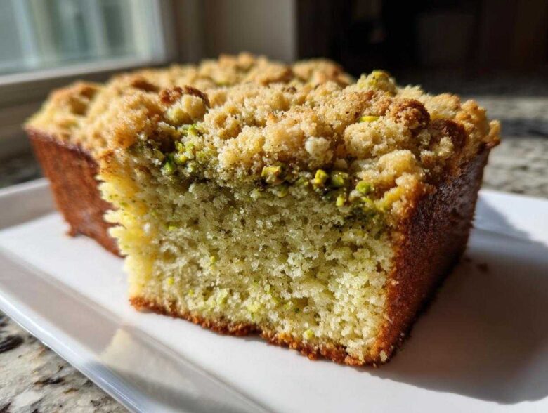 Close-up of a slice of moist pistachio coffee cake featuring a thick, golden crumb topping with visible green pistachio pieces.