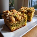 Two moist slices of pistachio coffee cake featuring a thick, crumbly streusel topping with visible green pistachio pieces.