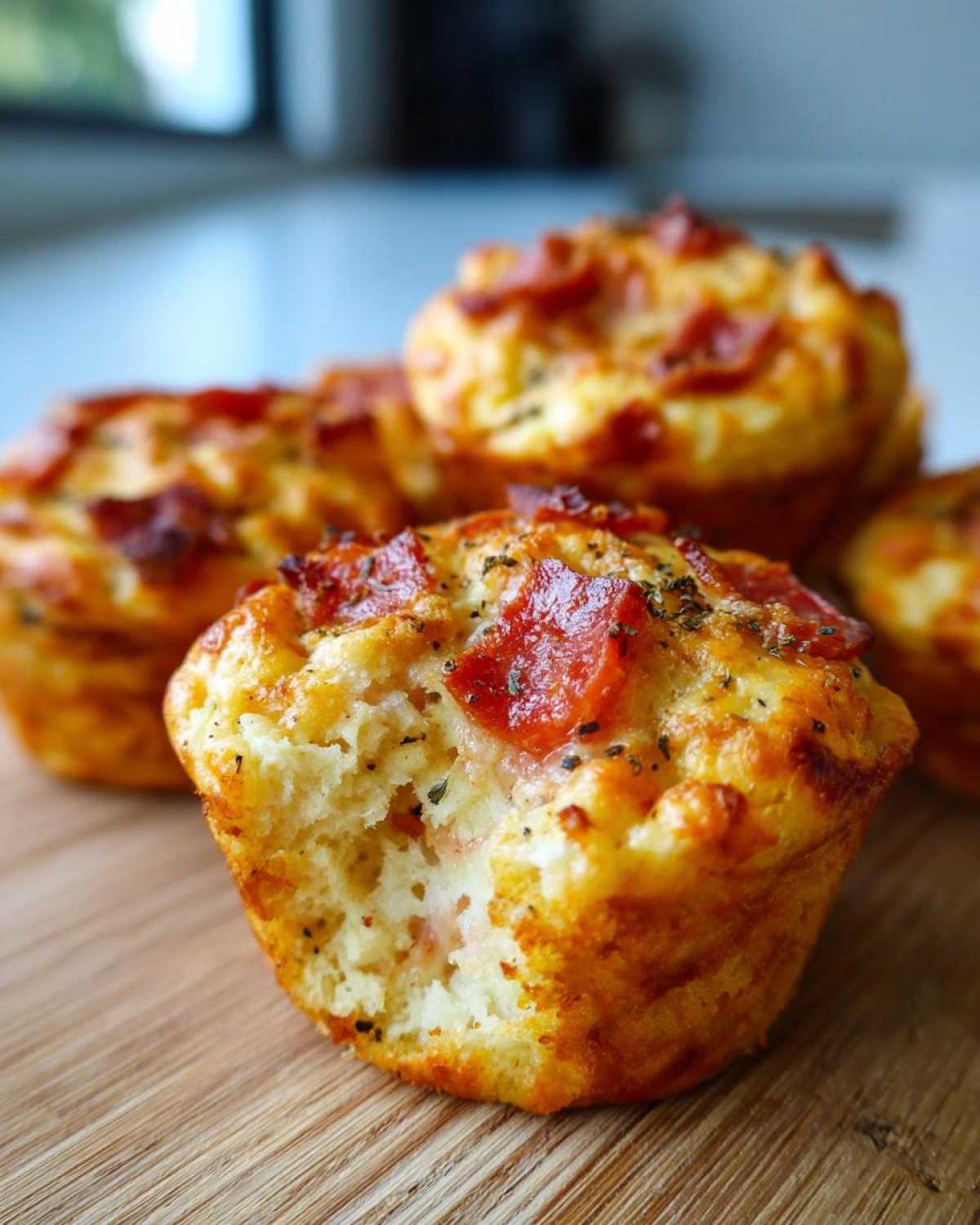 A close-up of a golden-brown pizza muffin with pepperoni and herbs, showing the fluffy interior after a bite was taken.
