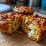 A close-up of a delicious pizza muffin cut in half, revealing a cheesy, fluffy interior and a browned, crispy top.