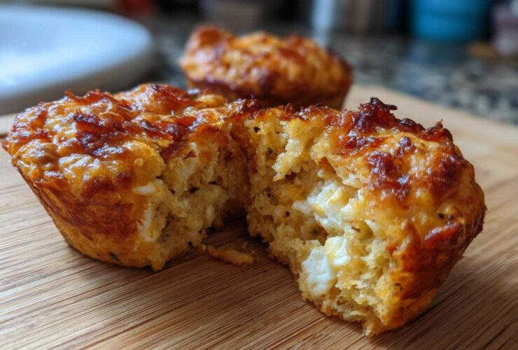 A close-up of a delicious pizza muffin cut in half, revealing a cheesy, fluffy interior and a browned, crispy top.