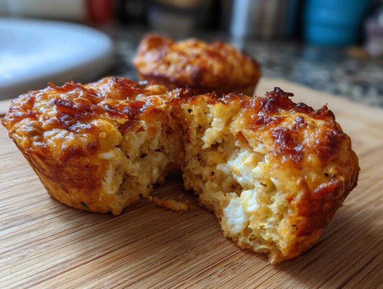 A close-up of a delicious pizza muffin cut in half, revealing a cheesy, fluffy interior and a browned, crispy top.