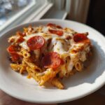A close-up of a serving of baked pizza pasta topped with melted mozzarella cheese and pepperoni slices.