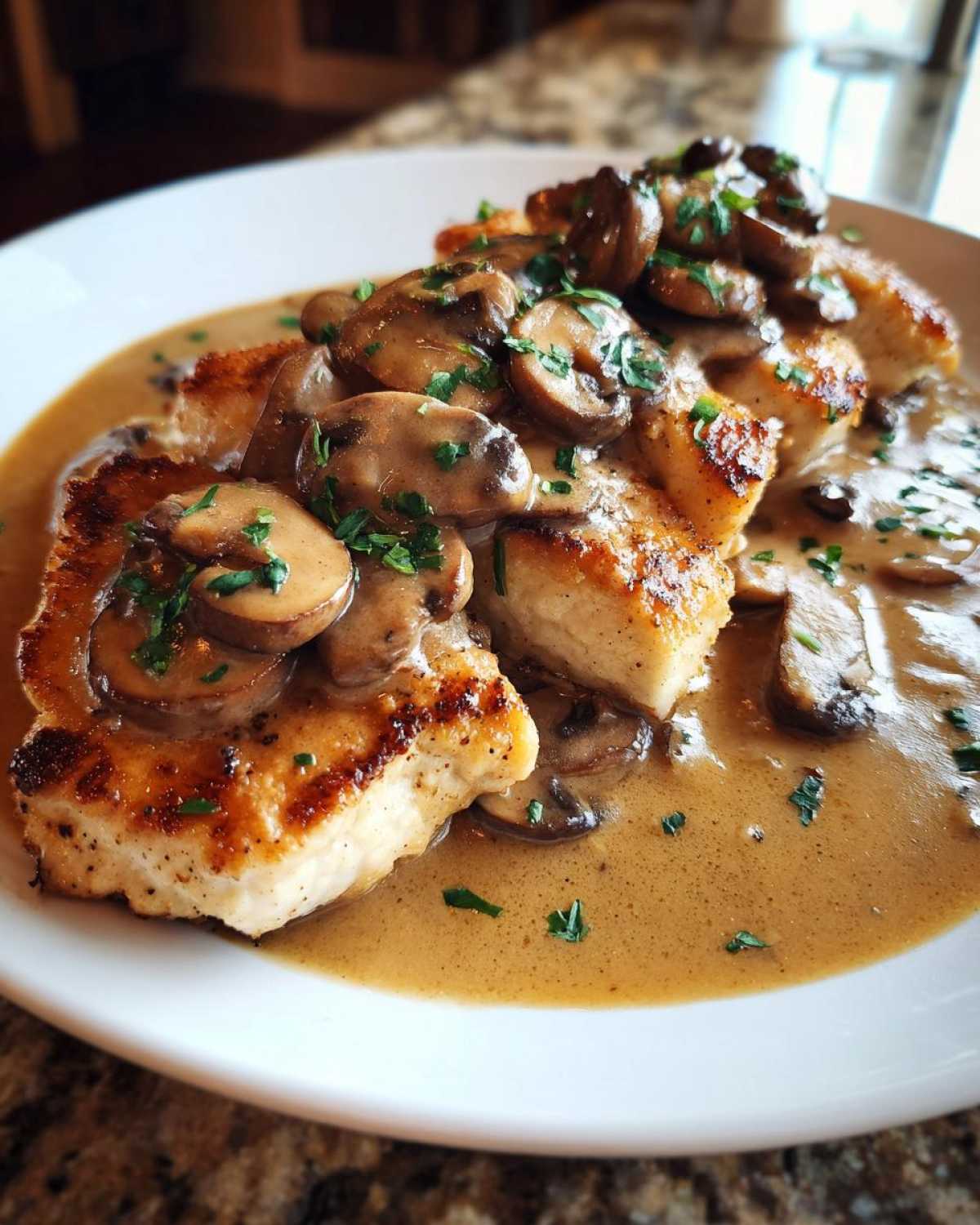 Close-up of pan-seared chicken breasts covered in rich mushroom sauce and sliced mushrooms, classic chicken marsala.