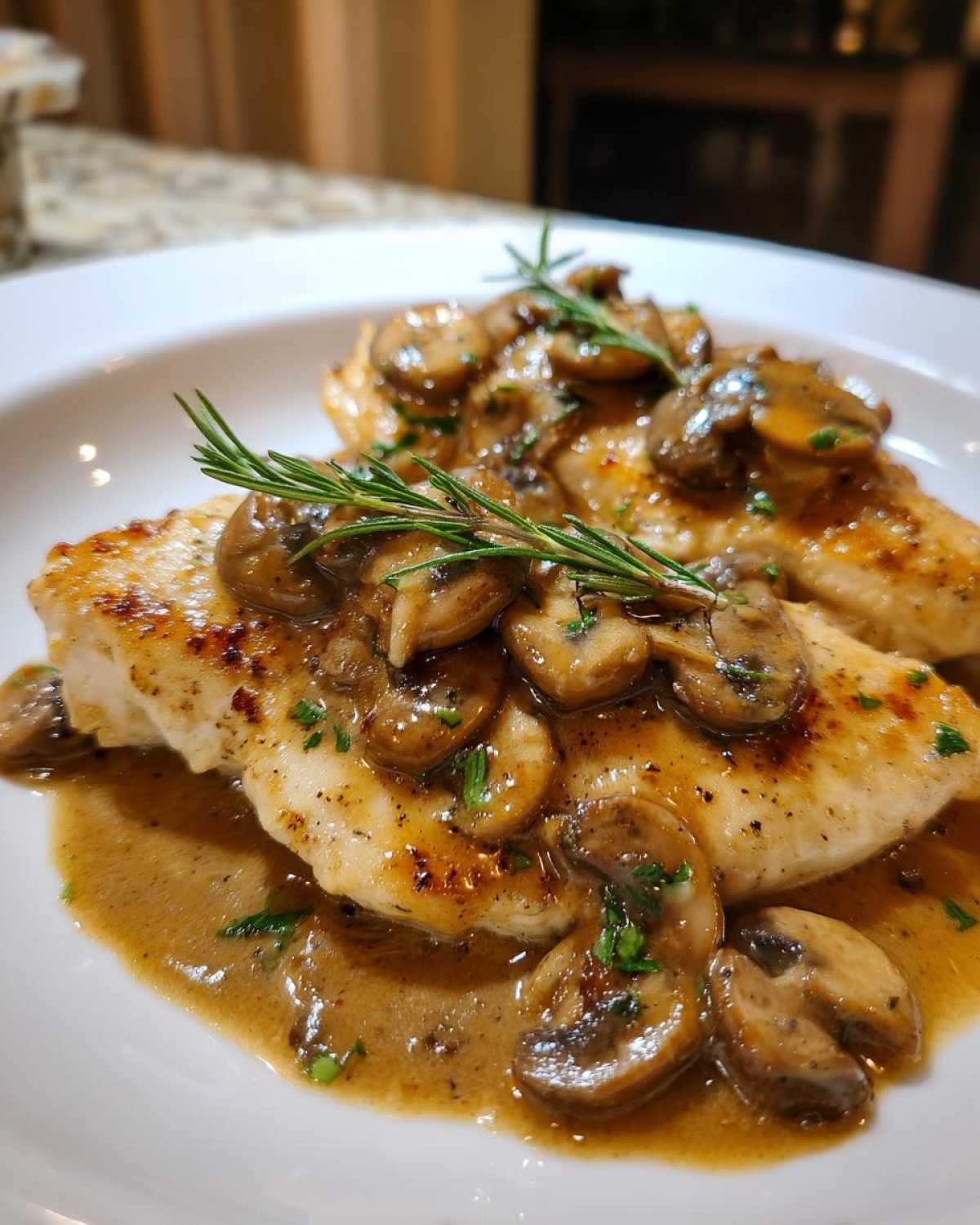Two golden-brown chicken breasts topped with savory mushroom sauce and fresh rosemary sprigs, ready to eat Chicken Marsala.