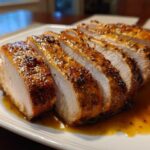 Close-up of a juicy, sliced pork loin roast with a savory, glazed crust resting in pan juices.