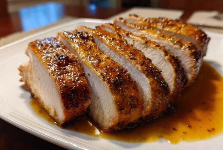 Close-up of a juicy, sliced pork loin roast with a savory, glazed crust resting in pan juices.