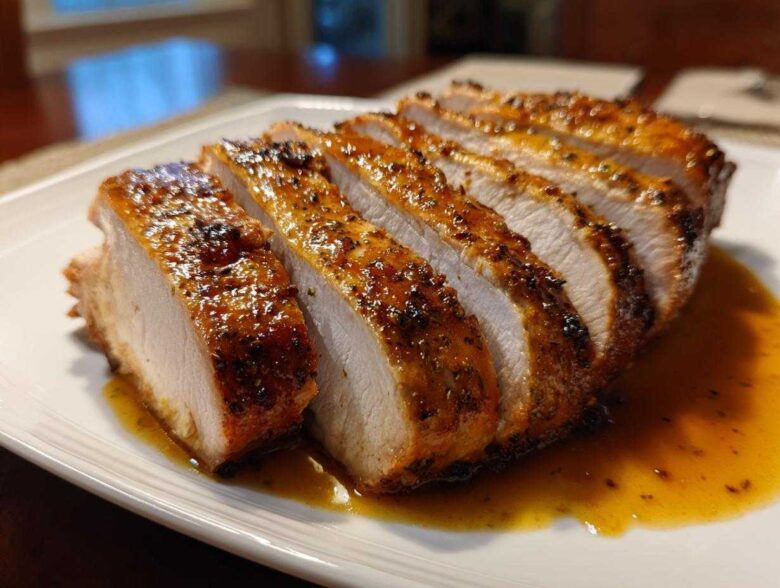 Close-up of a juicy, sliced pork loin roast with a savory, glazed crust resting in pan juices.
