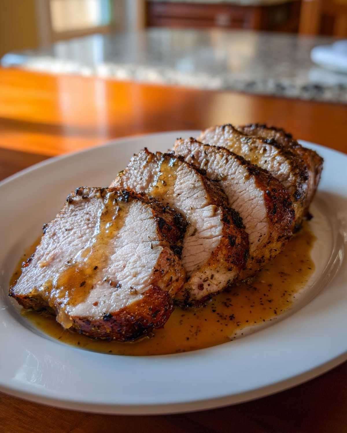 Four thick slices of a juicy, seasoned pork loin roast resting in pan juices on a white plate.