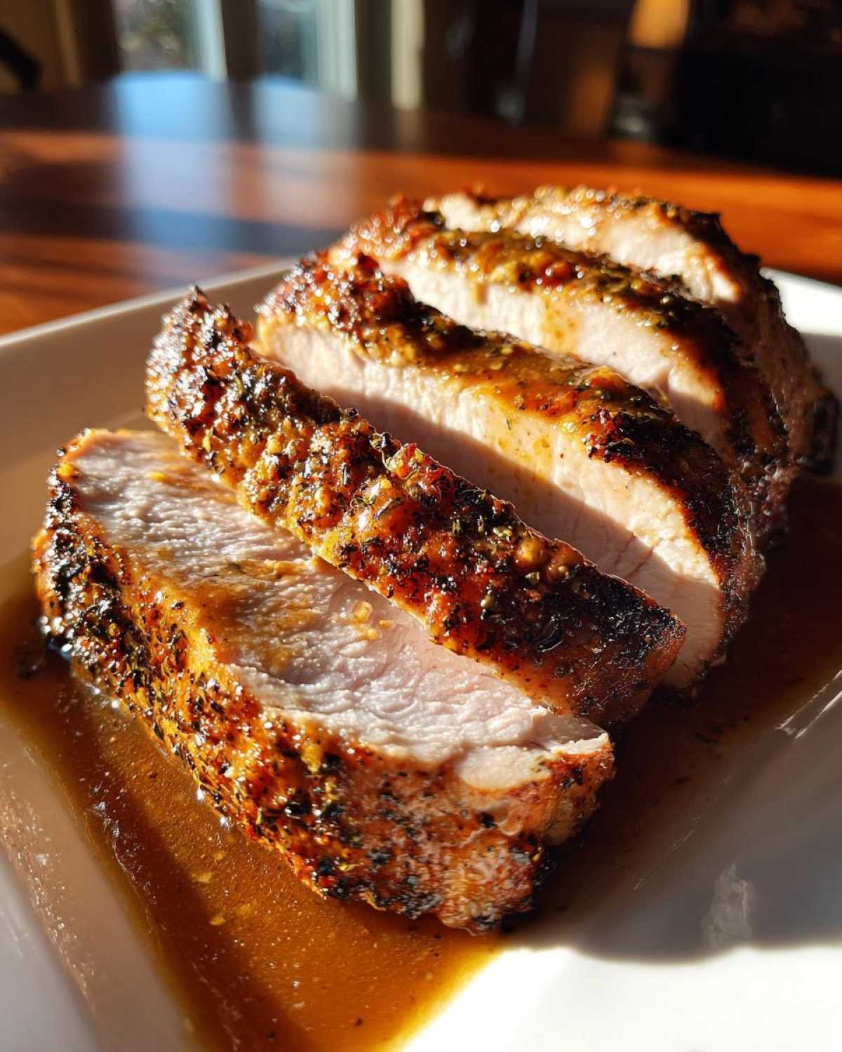 Close-up of three thick slices of perfectly cooked pork loin roast resting in pan juices.