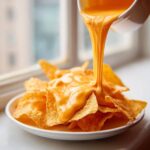 A thick stream of bright orange nacho cheese is being poured from a white bowl onto a pile of tortilla chips.