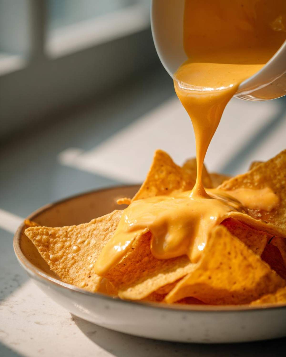 Close-up of rich, creamy nacho cheese being poured from a white bowl onto a pile of tortilla chips.