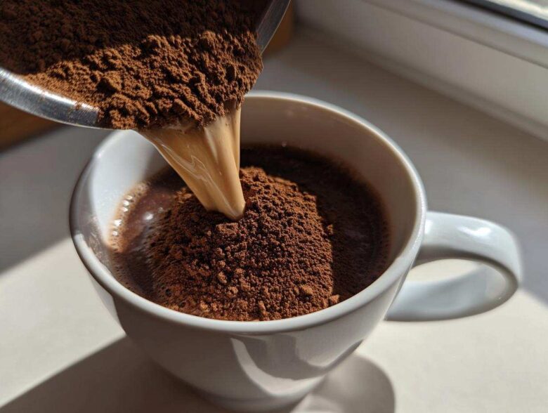 Close-up of homemade hot cocoa mix powder being poured into a white mug containing liquid.
