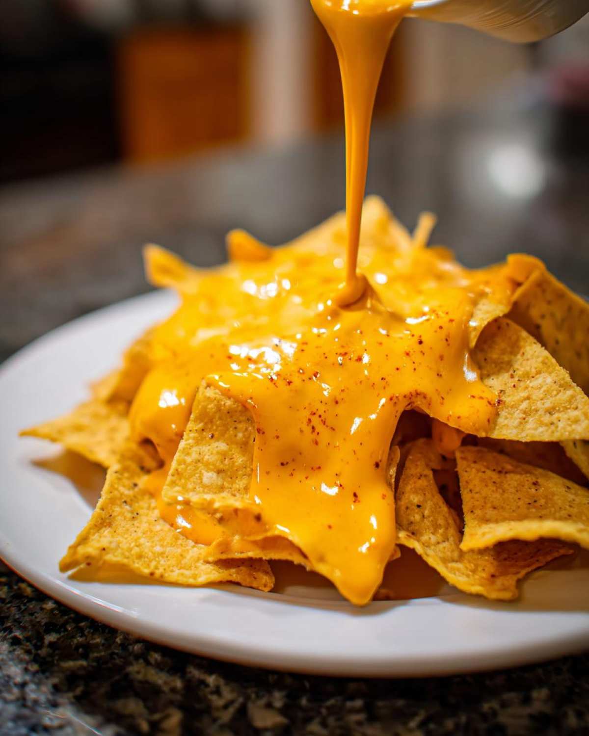 A stream of bright orange nacho cheese sauce being poured over a pile of tortilla chips on a white plate.