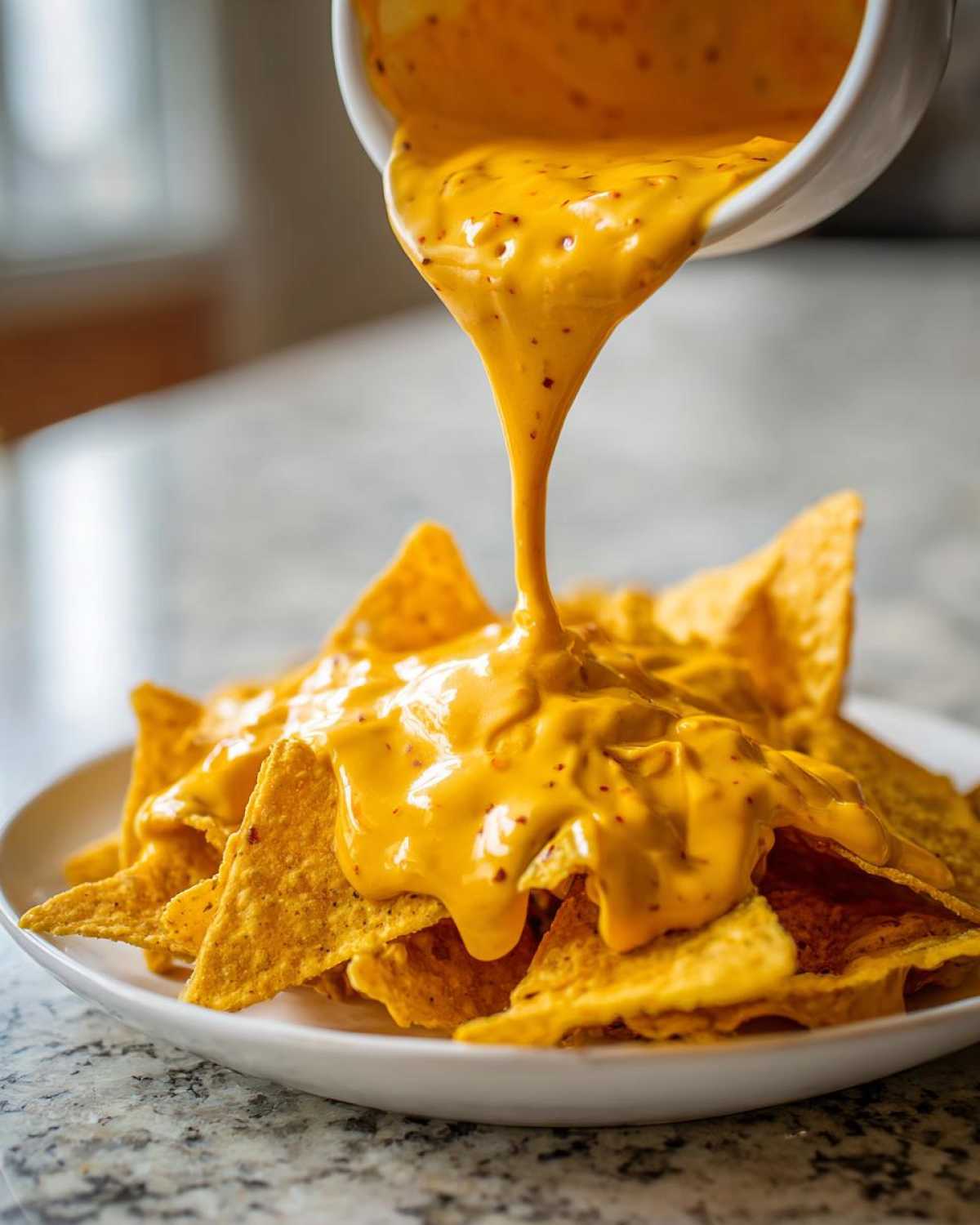 Thick, creamy nacho cheese sauce being poured from a white bowl onto a pile of tortilla chips.