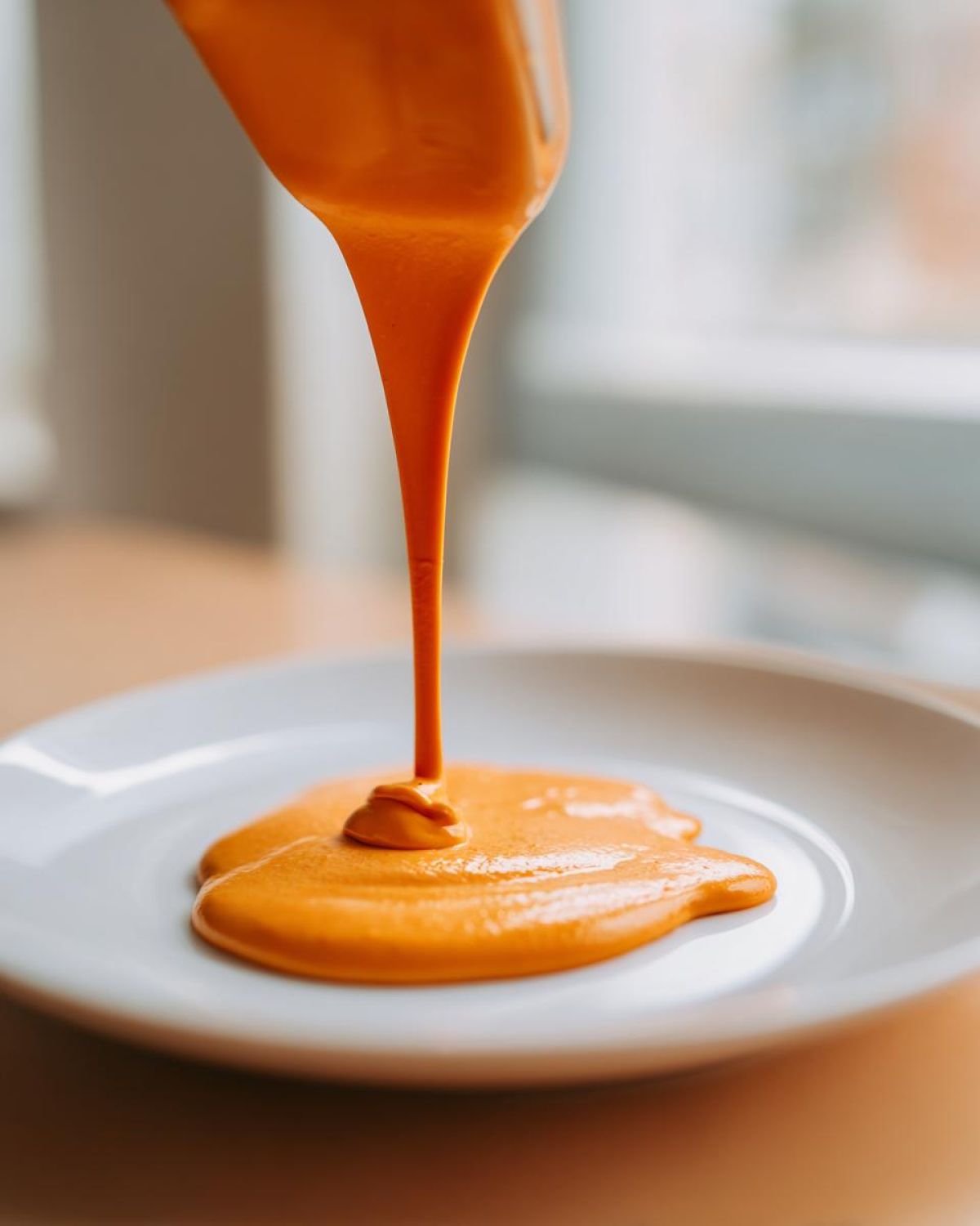 Close-up of vibrant orange nacho cheese sauce being poured from a utensil onto a white plate.