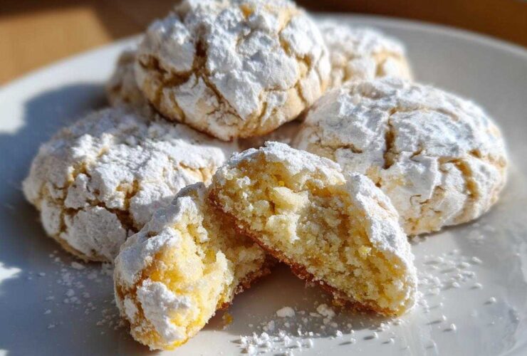 A stack of soft, yellow lemon crinkle cookies heavily dusted with powdered sugar, with one cookie broken open to show the texture.