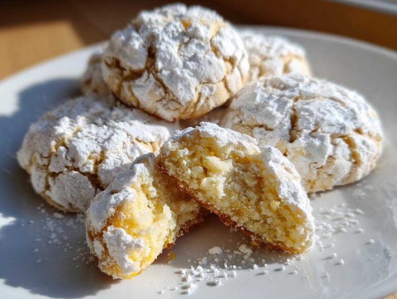 A stack of soft, yellow lemon crinkle cookies heavily dusted with powdered sugar, with one cookie broken open to show the texture.