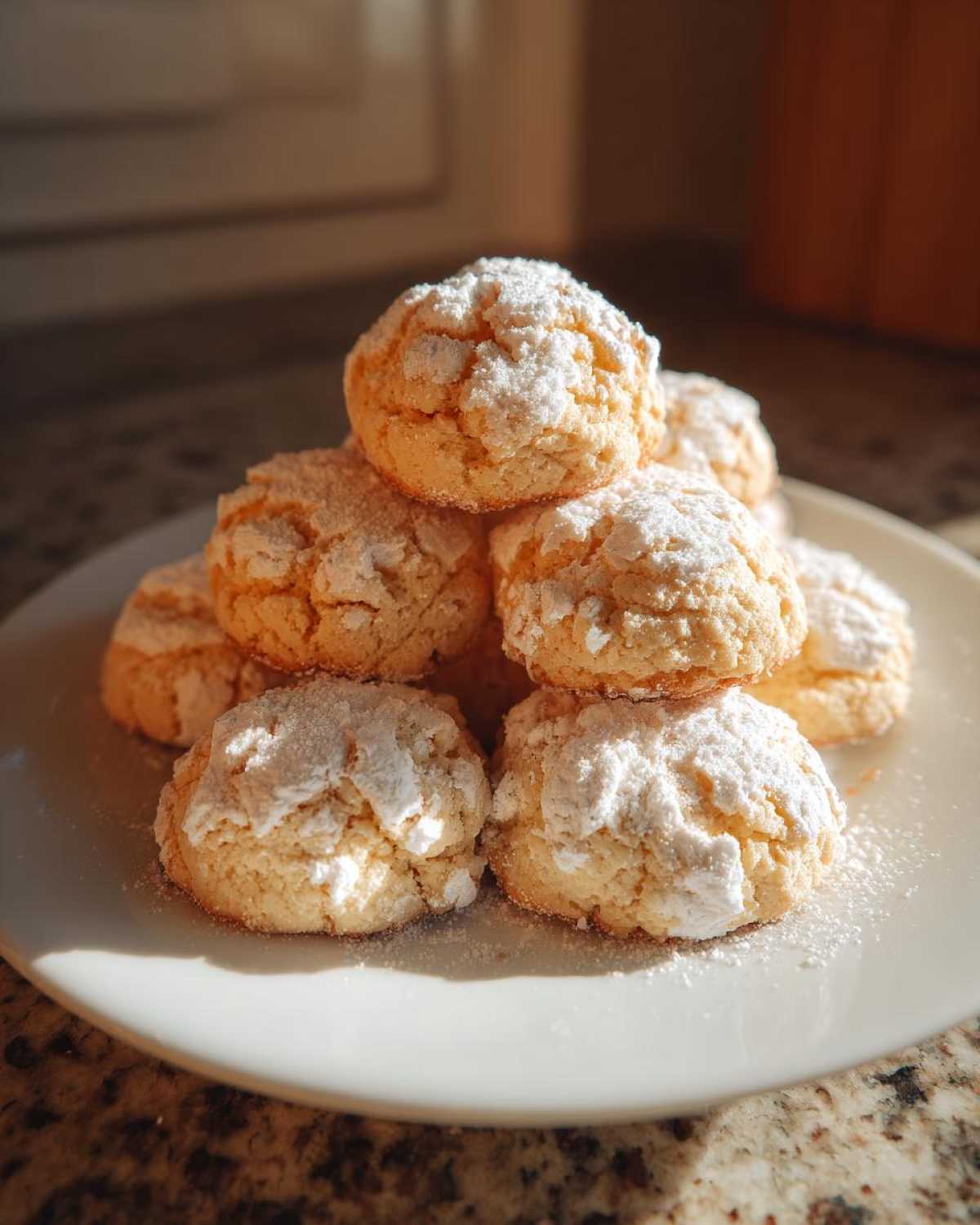 A stack of freshly baked, crinkled cool whip cookies heavily dusted with powdered sugar on a white plate.