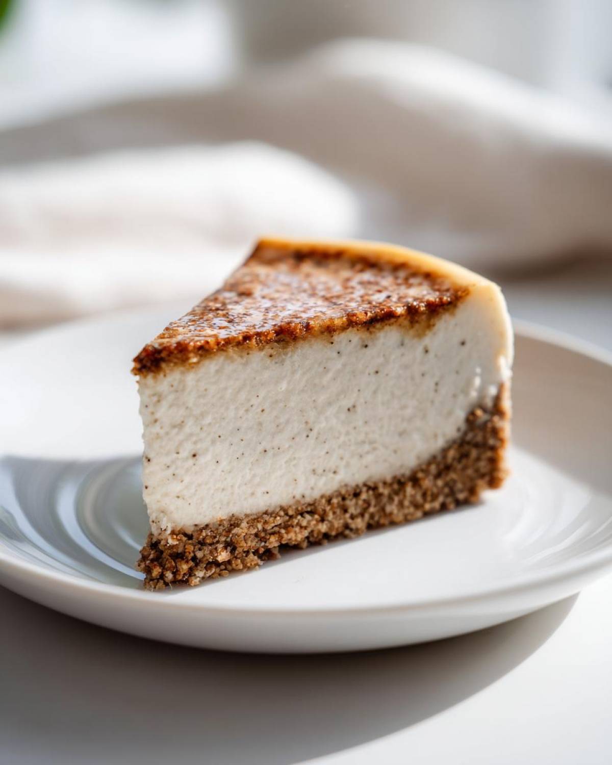 A perfect slice of creamy Protein Cheesecake with a dark, caramelized top and crumbly crust on a white plate.