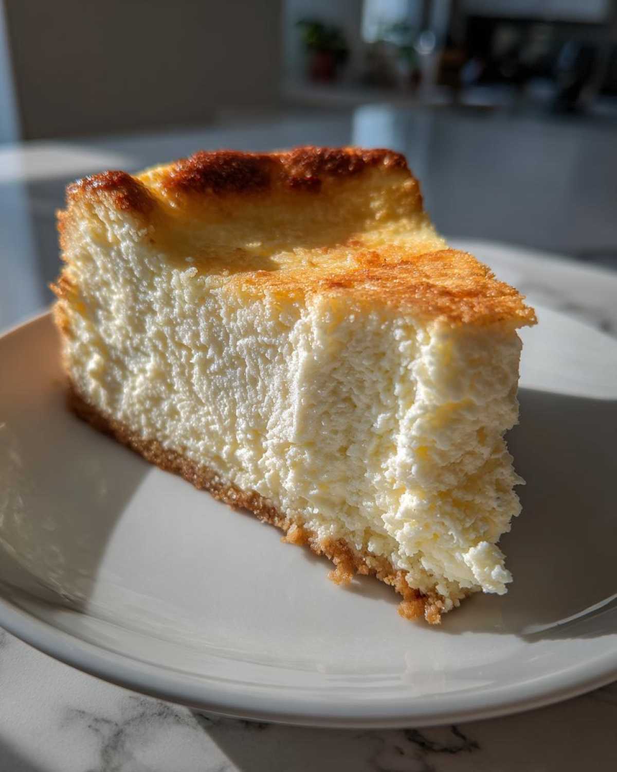 A thick slice of creamy Protein Cheesecake with a golden-brown, slightly burnt top, resting on a white plate.