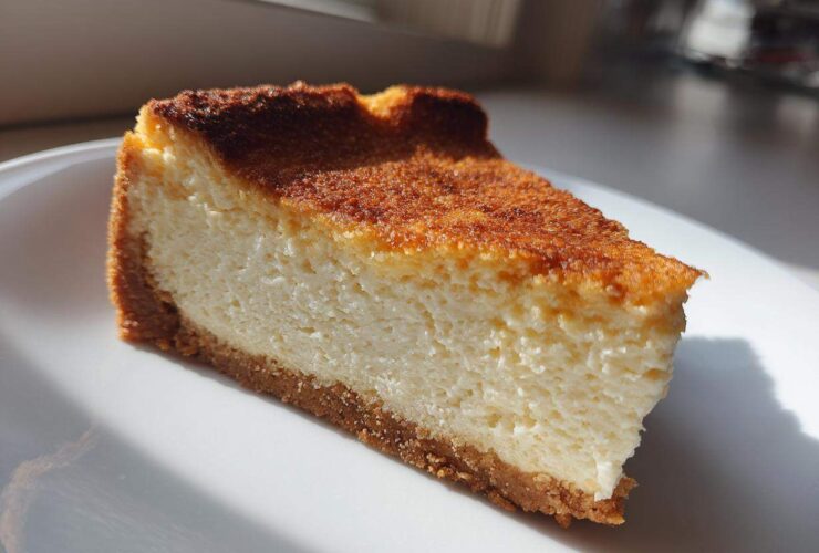 A close-up slice of baked Protein Cheesecake with a thick, creamy white filling and a well-browned top, resting on a white plate.