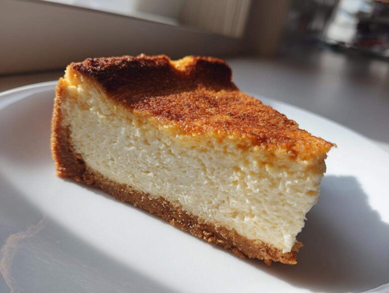 A close-up slice of baked Protein Cheesecake with a thick, creamy white filling and a well-browned top, resting on a white plate.