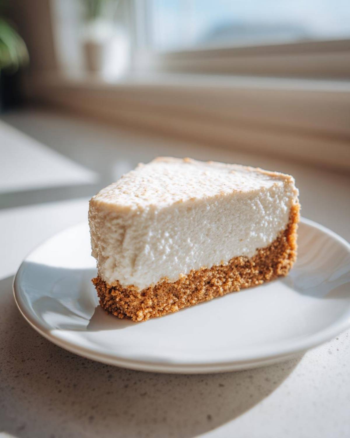 A perfect slice of Protein Cheesecake with a thick, light-colored filling and a golden brown crumb crust, served on a white plate.
