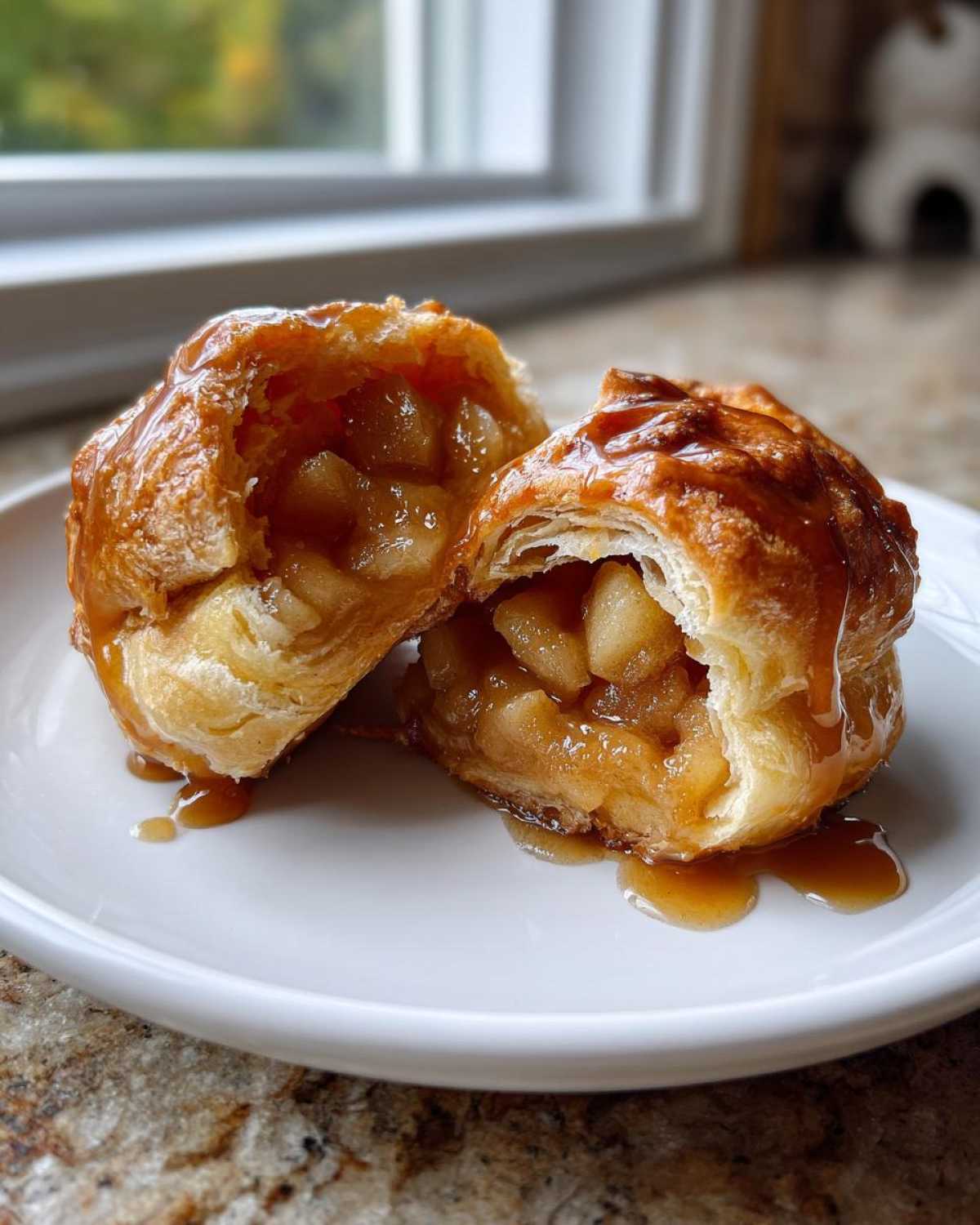A flaky pastry apple dumpling cut in half showing spiced apple filling and drizzled with caramel sauce.