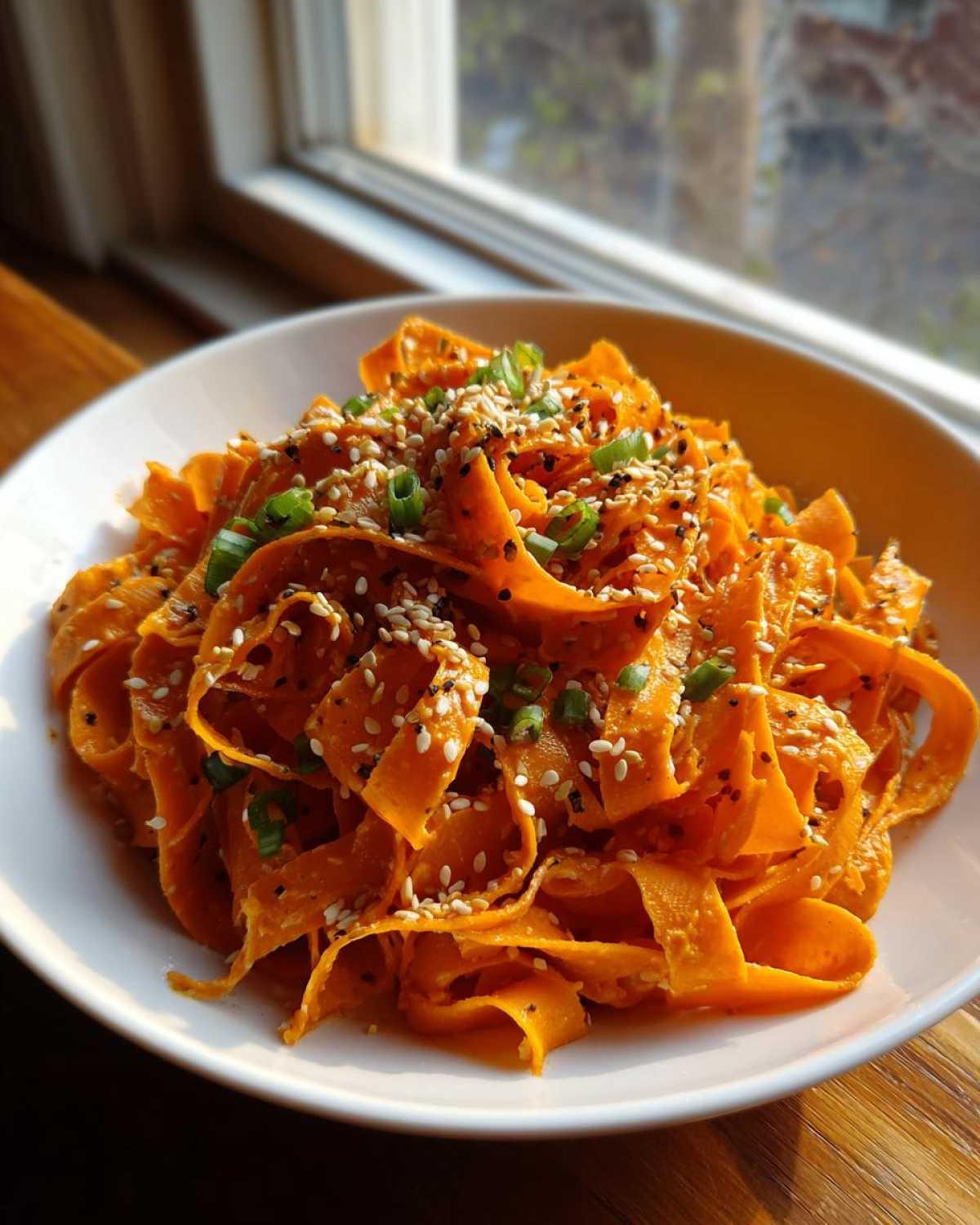 Close-up of a vibrant raw carrot salad made with shaved carrot ribbons, topped with sesame seeds and green onions.