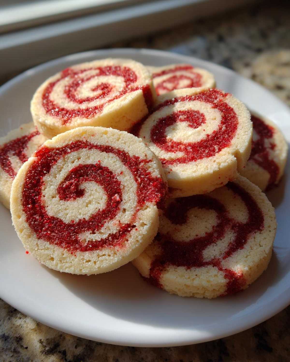 A stack of freshly baked red and white pinwheel cookies showing distinct red swirls on a white plate.