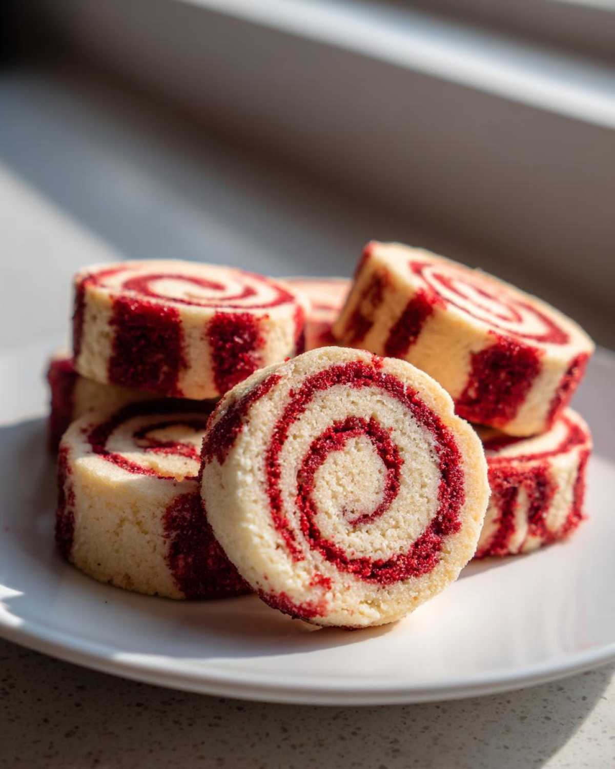 A stack of vibrant red and white pinwheel cookies showing clear, tight swirls on a white plate.