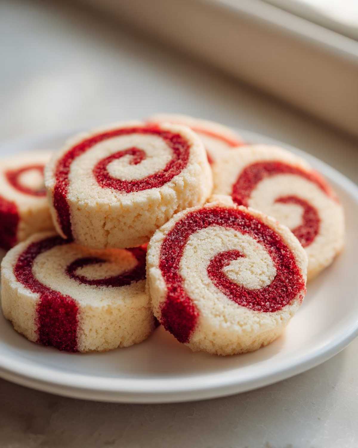 A stack of delicious pinwheel cookies featuring a vibrant red swirl pattern against a light dough.
