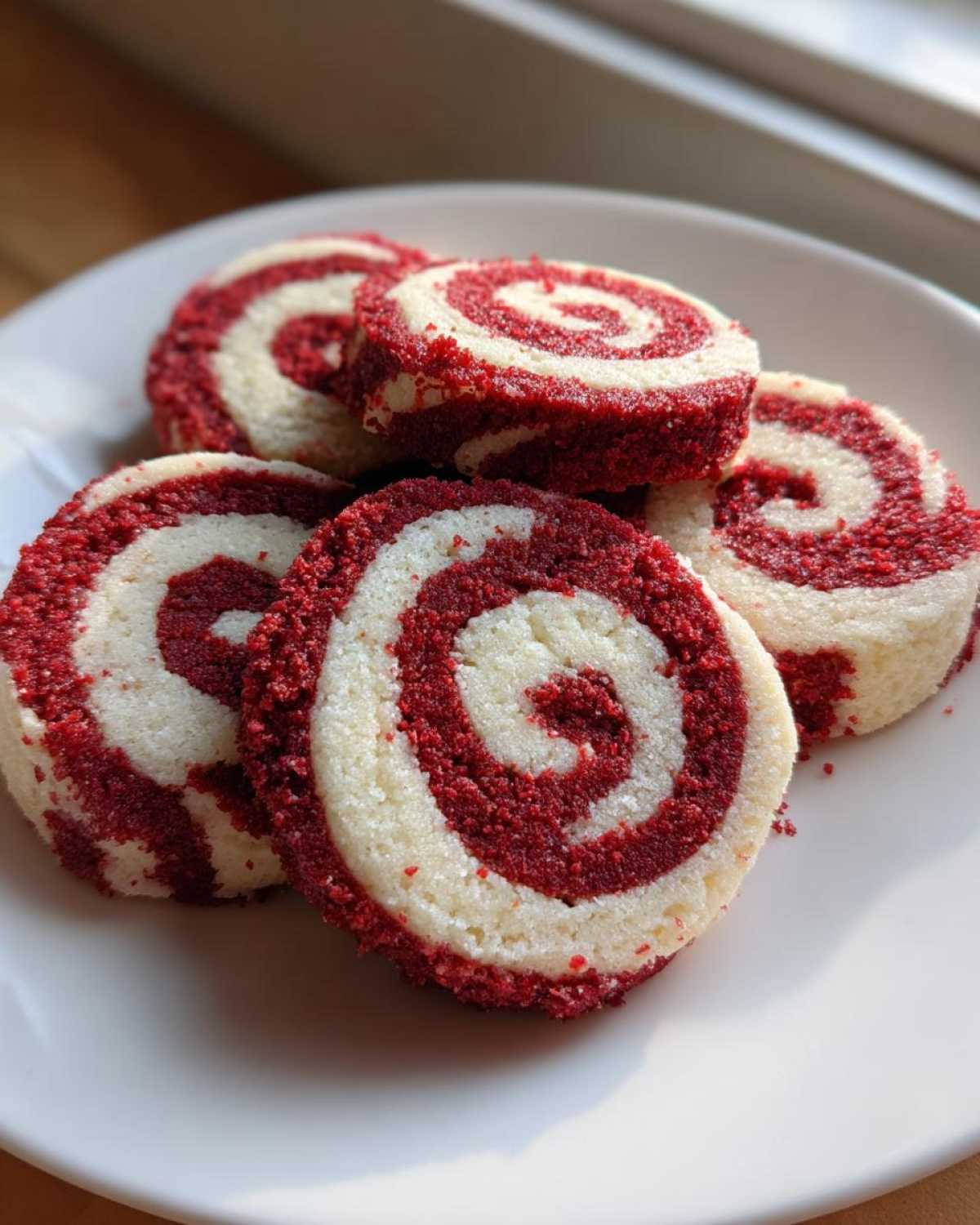 Close-up of five red velvet and vanilla pinwheel cookies showing distinct red and white swirls on a white plate.