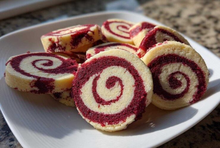 Close-up of several red velvet pinwheel cookies showing distinct red and white swirls on a white plate.