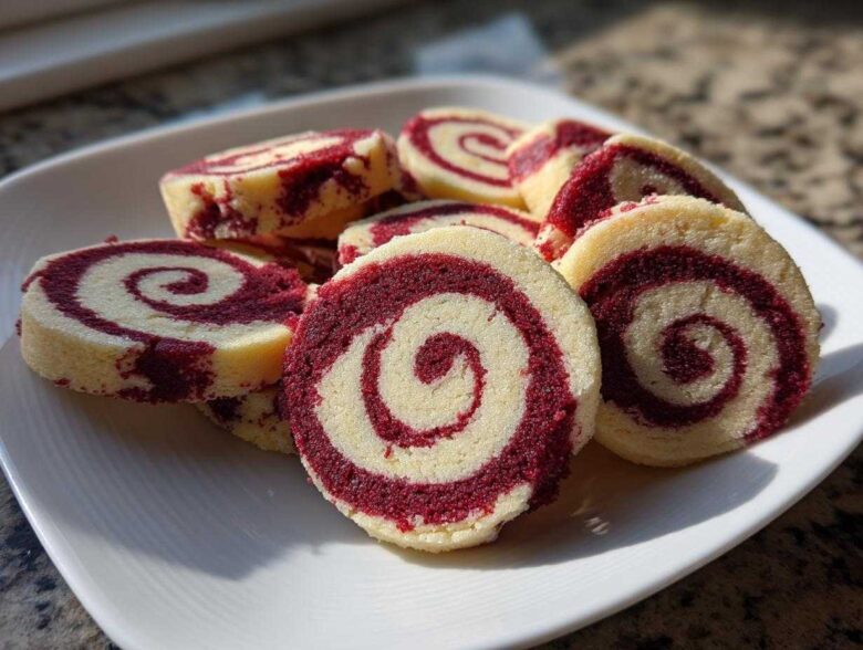 Close-up of several red velvet pinwheel cookies showing distinct red and white swirls on a white plate.